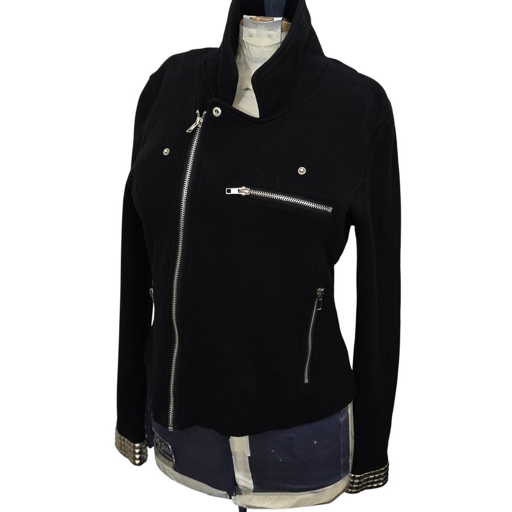 Cache Black Cotton Knit Moto Jacket‎ Studded Cuffs Asymmetrical Zip M Y2K Biker